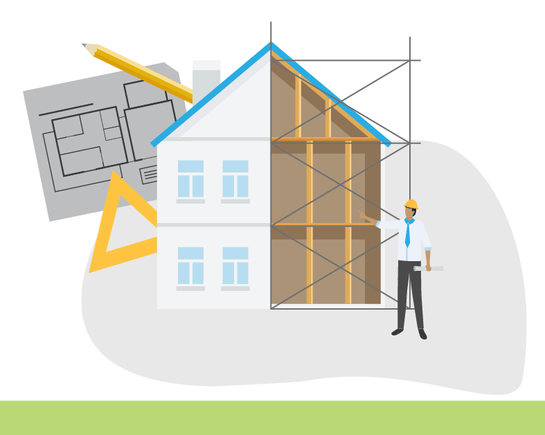 a graphic of a house under construction with blue prints and materials all around it.