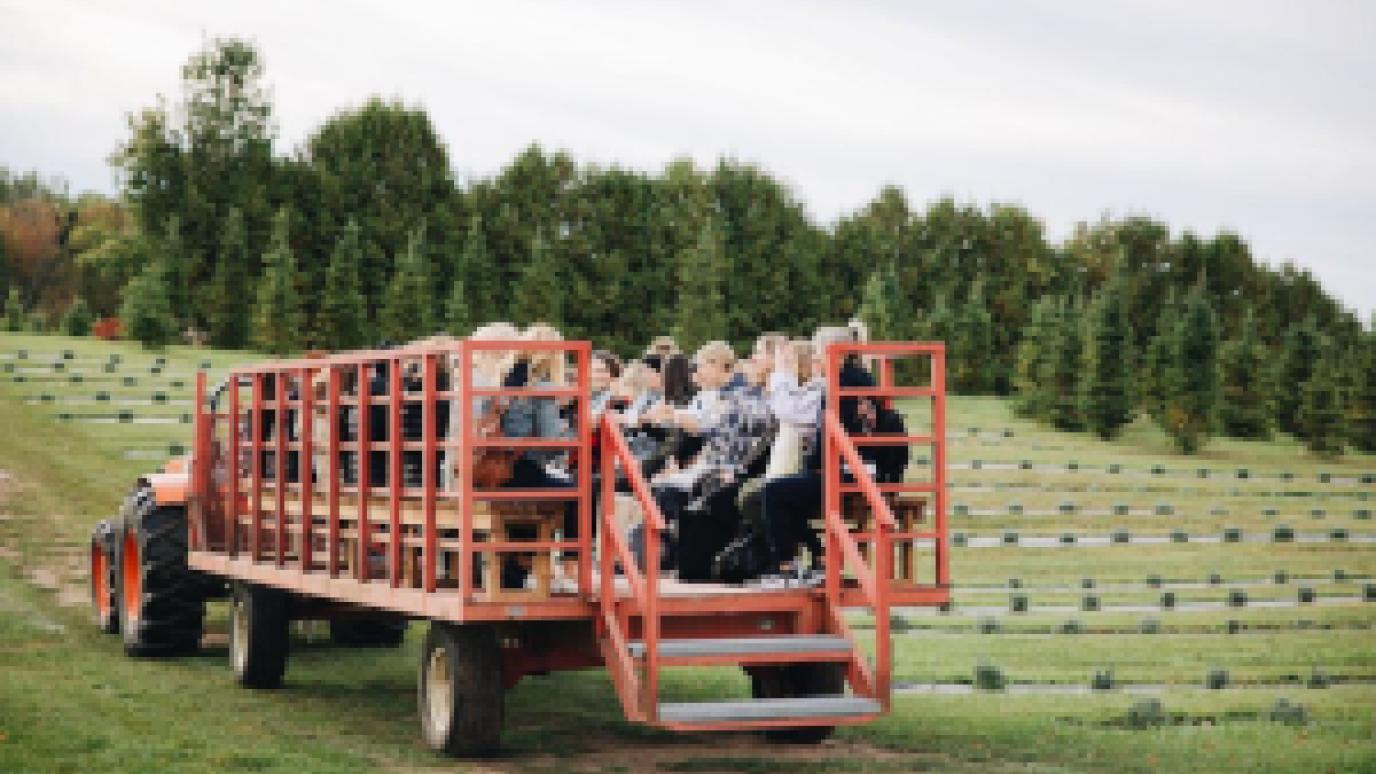people taking a wagon ride through a field