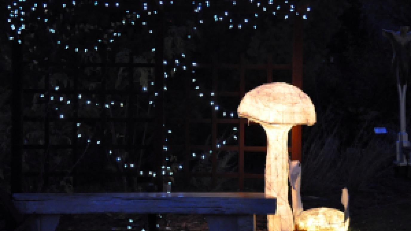 lantern sculpture of a mushroom in a park at night