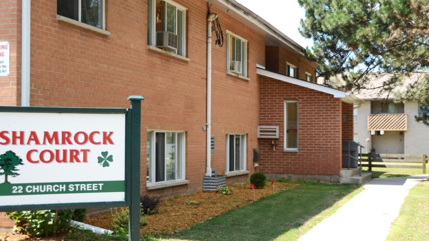 Exterior of 22 Church Boulevard, Erin. It is a two-storey apartment building called "Shamrock Court."