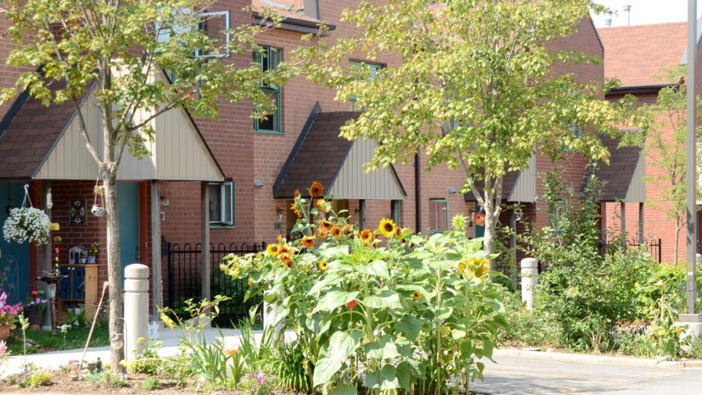 Exterior of 394 Auden Road, Guelph. It is a row of townhouses with gardens in front of each unit.