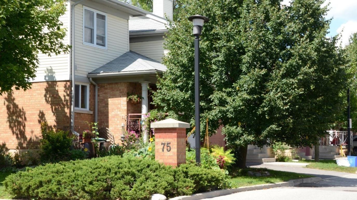 Entrance to 75 Flaherty Drive, A street lined with townhouses
