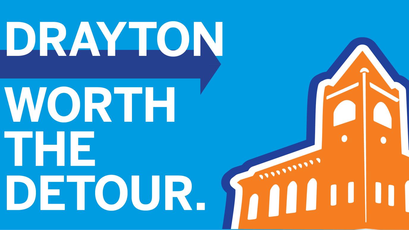 Text read: Drayton, worth the detour. With a graphic of the theatre. sized for Facebook