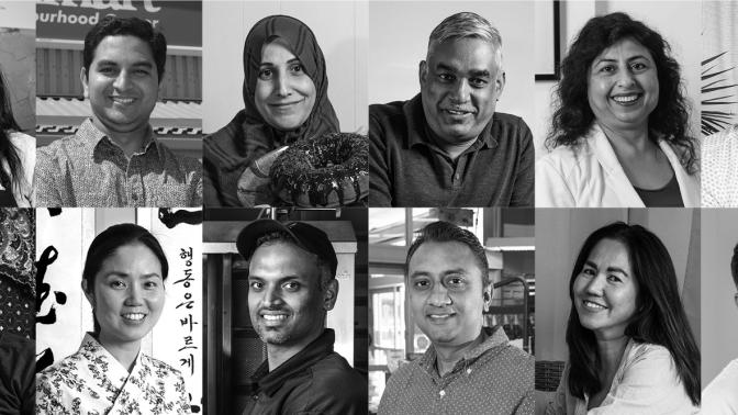 Grid of twelve black and portraits of diverse individuals.