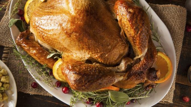 cooked turkey on a plate with all the fixin's