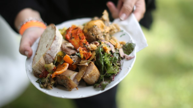 hands holding plate full of gourmet cooked food
