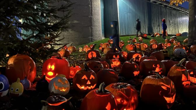 A outdoor evening display of illuminated jack-o'-lanterns spread across a lawn next to a building, with people walking in the background.