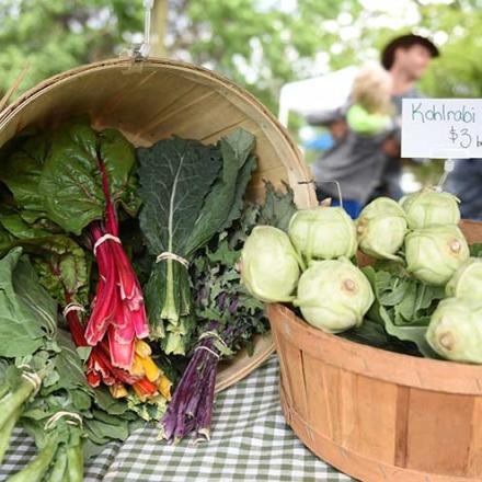 colourful swiss chard and kohlrabi sitting in baskets on a tabletop at a farmers market