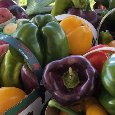 vegetables in baskets in a farmer's market
