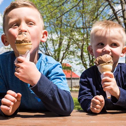 Two blonde haired children in navy blue shirts happily sitting at a table and eating chocolate ice cream cones.