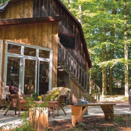 A wooden cabin surrounded by trees, with a patio and table.