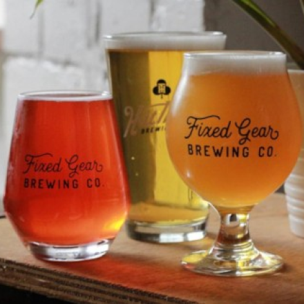 Beer served in Fixed Gear Brewing Co. glasses.