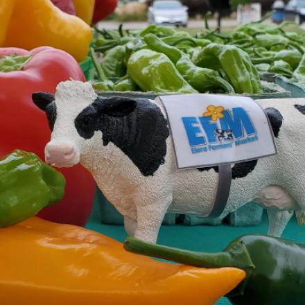 toy cow with veggies on a table