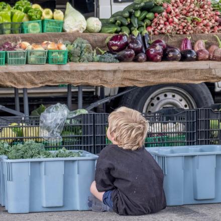 kid sitting in front of farmers market produce stand