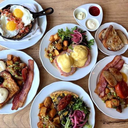 various brunch foods on plates