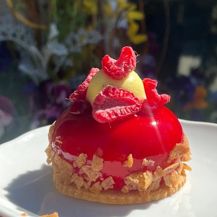 raspberry glazed cheesecake pastry on a plate