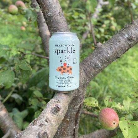 blue wrapped can of fresh organic sparkling apple juice perched on a tree branch