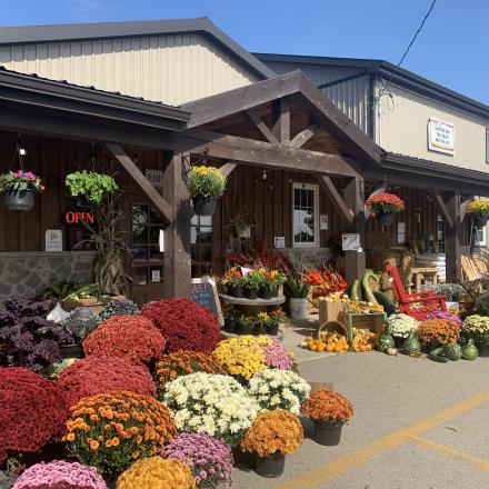 front of farm store adorned with fall decor