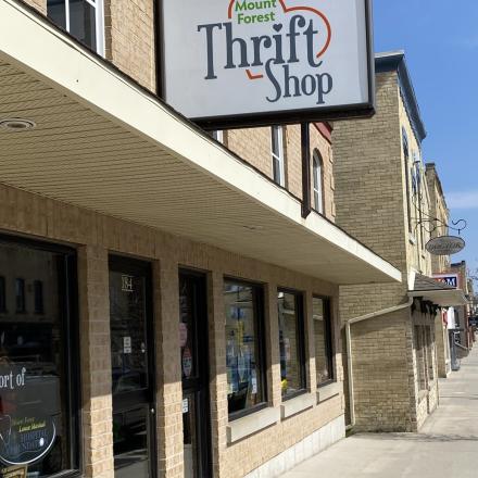 Outside sign of Mount Forest Thrift Shop