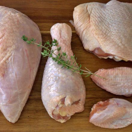 raw cuts of chicken on a wooden board