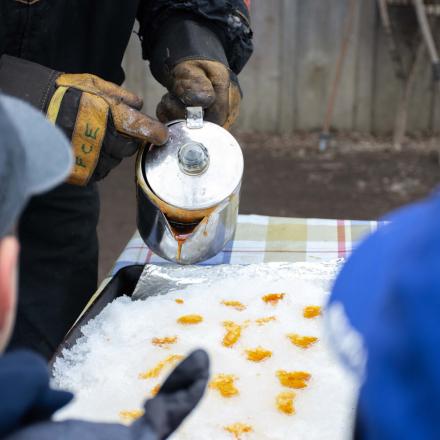 person pouring maple syrup onto snow to make taffy with children watching