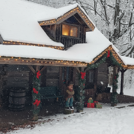 snow covered log cabin decorated for the holidays with a child standing on the porch