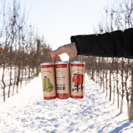 A hand holding three different cans of cider over a snowy path in an orchard.