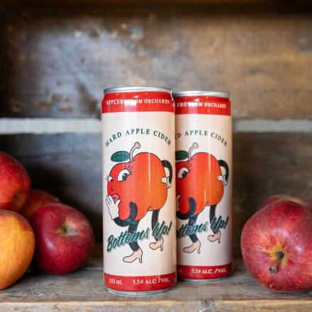Two tall cans of Hard Apple Cider on a rustic wooden shelf surrounded by fresh red apples.
