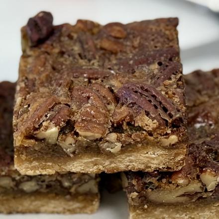 close up of a pecan square
