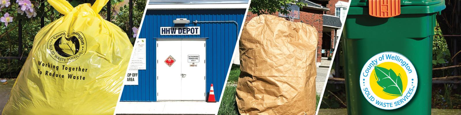 Photo collage of yellow garbage bag, household hazardous waste depot at waste facility, paper leaf and yard waste bag, and green bin for organics.