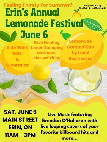 Poster advertising Erin's Annual Lemonade Festival on June 6. Yellow background with lemonade graphics.