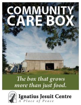 picture of barn with Community Car Box branding and Ignatius logo