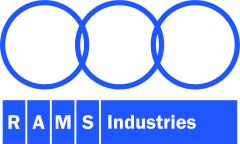 A business logo which reads "RAMS Industries" in white font on blue blocks. Above the text are three blue interlinked rings.