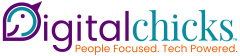 A logo which reads "Digital Chicks". The word "Digital" is purple, with the "D" a chick's head, and the word "chicks" is blue. Below is a tagline, "People Focused. Tech Powered."