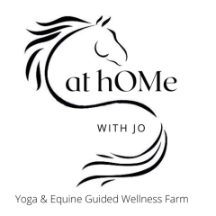 A business logo of a silhouette of a horse with a long mane. The text reads, "at hOme with Jo" with the caption, "Yoga and Equine Guided Wellness Farm." 
