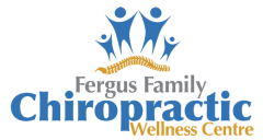 A business logo which reads, "Fergus Family Chiropractic Wellness Centre". Above is a simple graphic of four-person family in blue and a spine bone. 