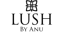 A logo which reads "Lush by Anu". Above the text is the black outline of a flower.