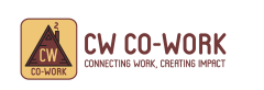 A triangle roof made of brown wood, with smoke coming out of the chimney for CW Co-Work. There is a caption: "Connecting work, creating impact."