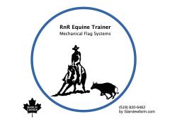 A silhouette of person with a cowboy hat sits on a horse, with a bull charging in front of them. Above them reads RNR Equine Trainer Mechanical Flag Sytems.
