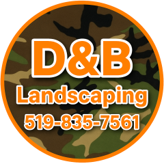 A round logo with a camouflage background outlined in orange for D and B Landscaping.