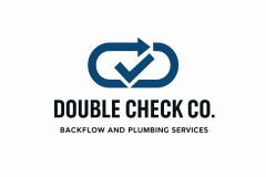 A blue checkmark encompassed by an arrow looping on itself. The logo text is Double Check Co. Backflow and Plumbing Services.