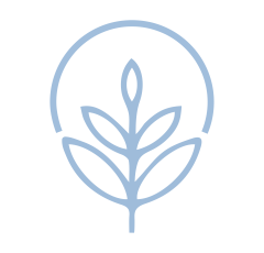 A leaf, drawn in blue, with a half circle curving over the top.