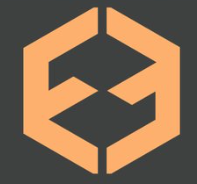 Two abstract orange letter Es, facing each other on a dark grey background.