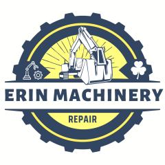 A navy blue tire, with the inside filled with a bright yellow colour, across the middle is a bar that says 'Erin Machinery Repair' On top of the bar sits an excavator, a general machine, and a 3 leaf clover