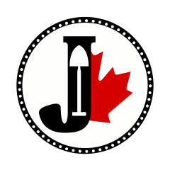 Circular logo with a black ‘J’ shaped around a shovel, set over a red maple leaf on a light gray background, with a dotted black border.