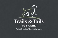 Line-art dog walking on a curved path above the text “Trails & Tails,” with “PET CARE” and the tagline “Reliable walks. Thoughtful care.” underneath.