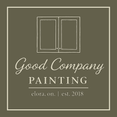 Square olive-green logo with a beige border and a simple line drawing of a double window at the top. Below it, the name ‘Good Company’ appears in script, ‘Painting’ in bold serif lettering, and the text ‘Elora, ON | Est. 2018’ underneath.