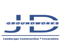 Large blue stylized “JD” letters with “GROUNDWORKS” across the center and the tagline “Landscape Construction - Excavation” below.