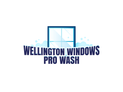 Wellington Windows Pro Wash” featuring a stylized blue window with four panes and water bubbles around it, suggesting cleaning. The company name appears in bold dark blue lettering with a white outline beneath and overlapping the window graphic. The design uses shades of blue and white to emphasize a clean, water-themed window washing service.