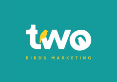 Teal background logo reading “two” in white with a yellow bird perched on the “t” and a white bird silhouette inside the “o,” with “Birds Marketing” written below in yellow.